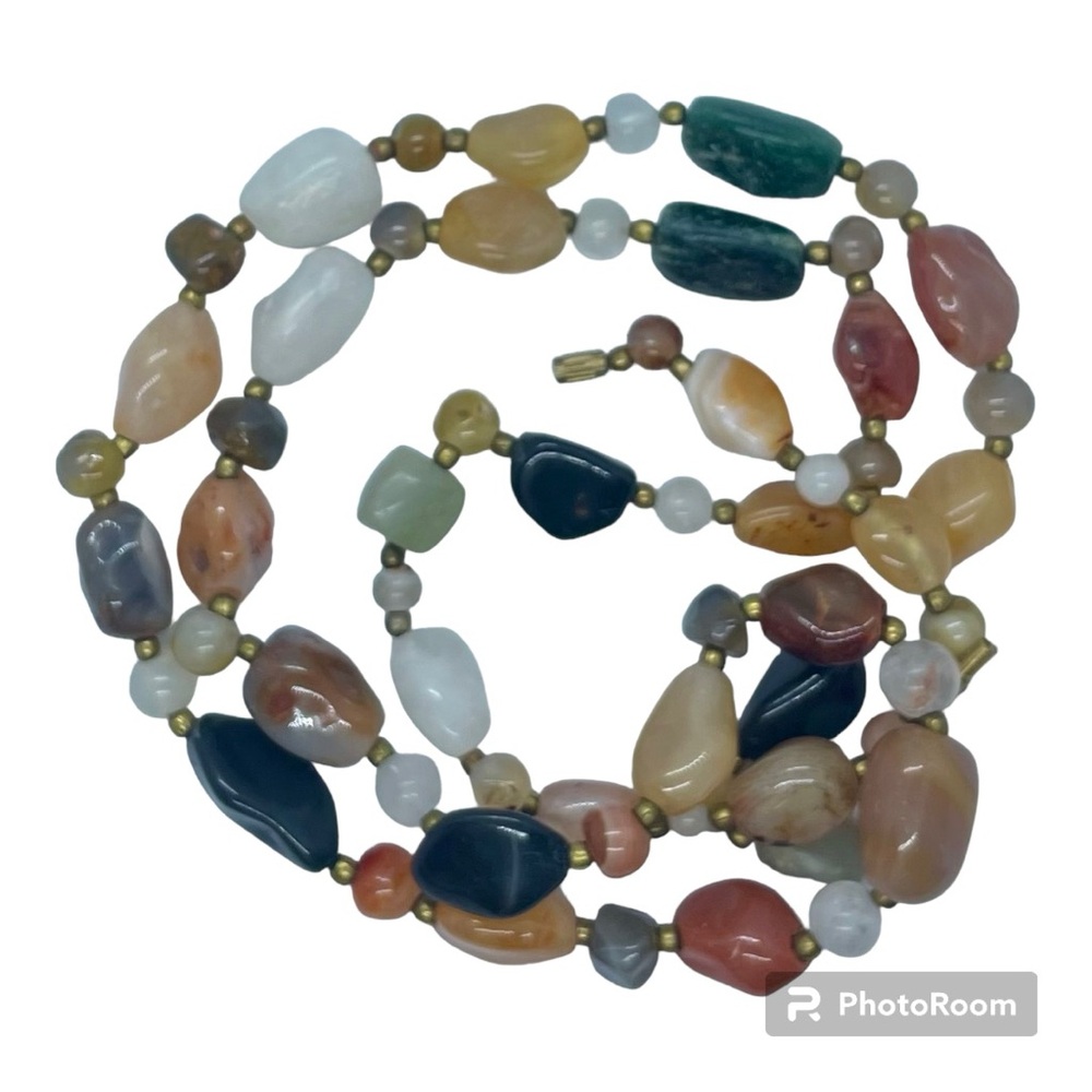 Multi-colored stones 36” necklace w/ brass spacer beads & a brass barrel clasp
